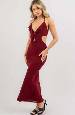 Luvalot Kiara Burgundy Ruffled Halter Cut-Out Maxi Dress